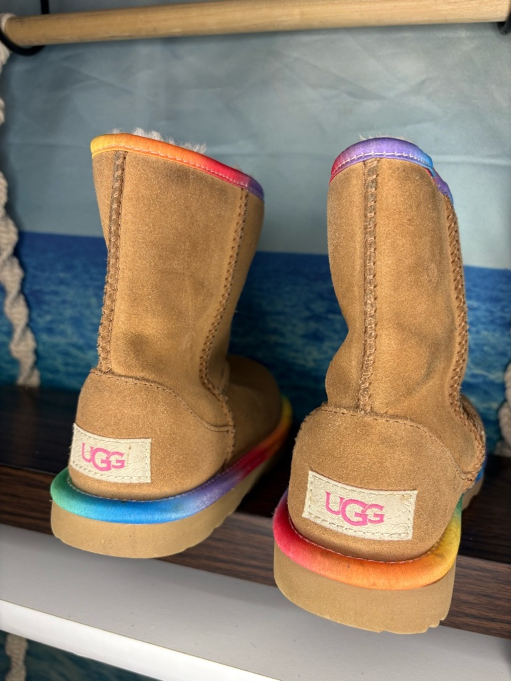 UGG Chestnut Suede Boots with Rainbow Trim